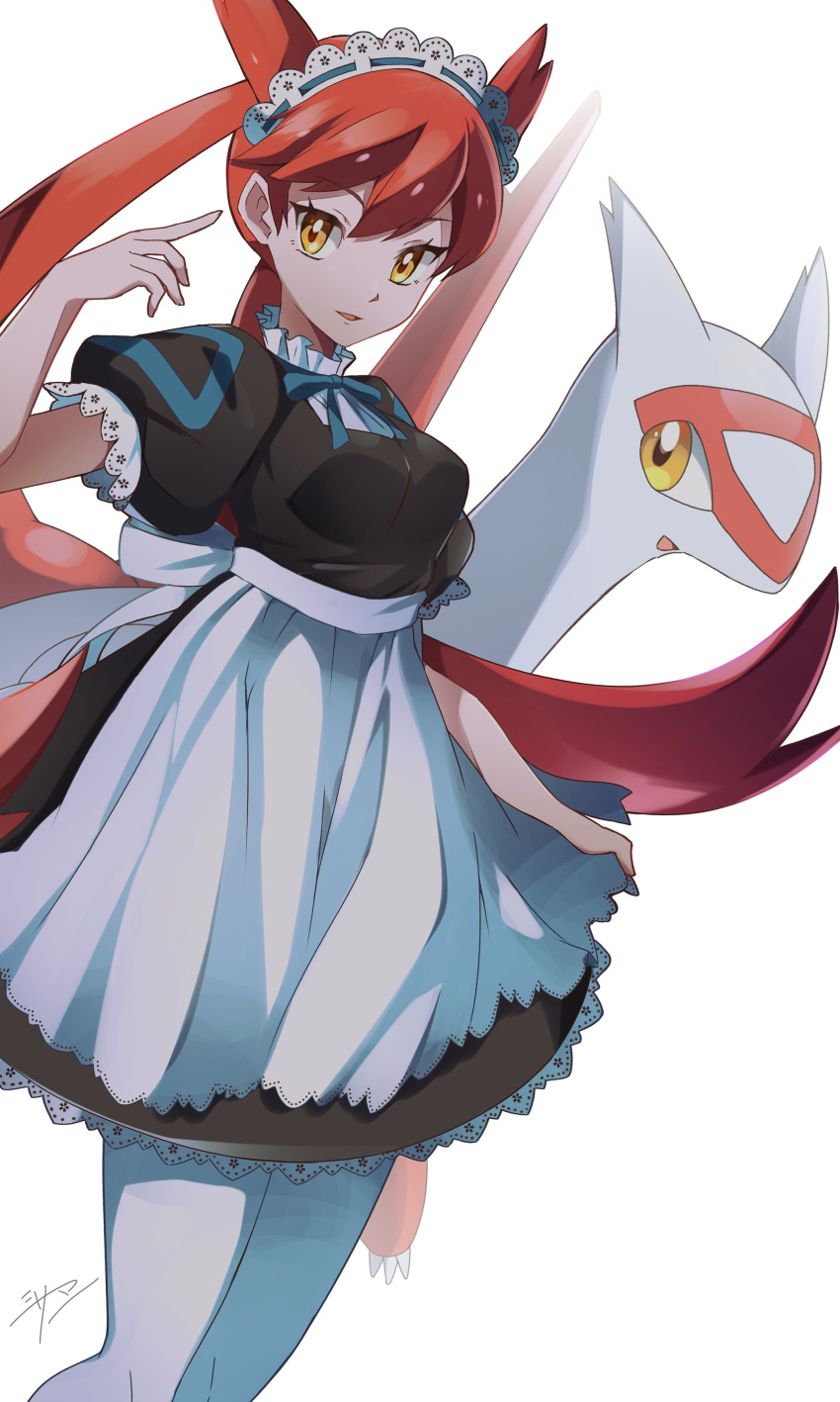 1girl absurdres apron bangs breasts claws commentary_request creature_and_personification dress eyelashes floating_hair hand_up headdress highres latias long_hair miyama-san neck_ribbon open_mouth pantyhose personification pokemon pokemon_adventures ribbon short_sleeves signature smile tongue twintails waist_apron white_apron white_background white_legwear yellow_eyes