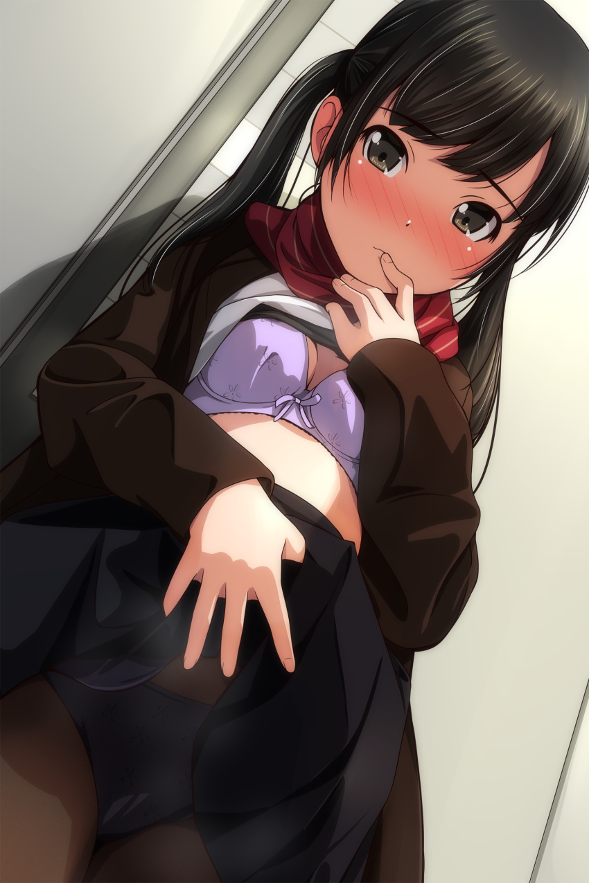 1girl absurdres bangs black_hair black_jacket black_skirt blush bow bow_bra bra breasts brown_eyes brown_legwear closed_mouth clothes_lift eyebrows_visible_through_hair hand_to_own_mouth highres jacket lifted_by_self long_hair looking_at_viewer matsunaga_kouyou nose_blush open_clothes open_jacket original panties panties_under_pantyhose pantyhose pleated_skirt purple_bra red_scarf scarf shirt shirt_lift skirt skirt_lift small_breasts solo twintails underwear white_shirt