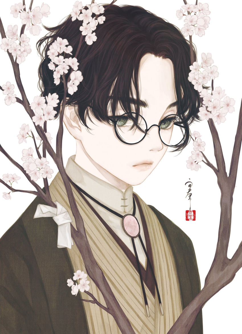 1boy black-framed_eyewear bolo_tie branch brooch brown_hair brown_jacket brown_kimono cherry_blossoms closed_mouth collared_shirt commentary_request flower glasses green_eyes hair_over_one_eye haori highres jacket japanese_clothes jewelry kimono looking_at_viewer male_focus open_clothes open_jacket original parted_hair pink_flower round_eyewear seal_impression shirt short_hair signature simple_background solo striped striped_kimono tree upper_body ushiyama_ame white_background