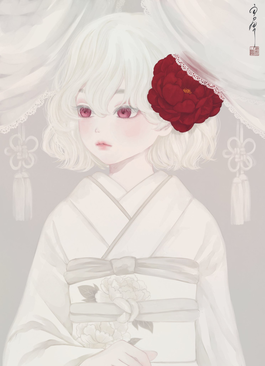 1girl albino bangs bob_cut bride commentary_request curtains eyelashes facing_viewer floral_print flower hair_between_eyes hair_flower hair_ornament highres japanese_clothes kimono lace_trim limited_palette long_sleeves looking_to_the_side obi obiage obijime original pale_skin parted_lips print_sash red_eyes red_flower sash seal_impression shiromuku short_hair signature solo spot_color standing tassel uchikake upper_body ushiyama_ame wavy_hair white_curtains white_flower white_hair white_kimono white_sash white_theme