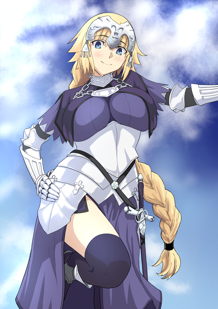 1girl armor armored_dress banner black_ribbon blonde_hair blue_eyes braid eyebrows_visible_through_hair fate/apocrypha fate/grand_order fate_(series) gauntlets highres iwao178 jeanne_d'arc_(fate) jeanne_d'arc_(fate)_(all) long_hair low-tied_long_hair ponytail purple_legwear ribbon ruler_(fate/apocrypha) sheath sheathed single_braid smile solo standing sword thigh-highs very_long_hair weapon