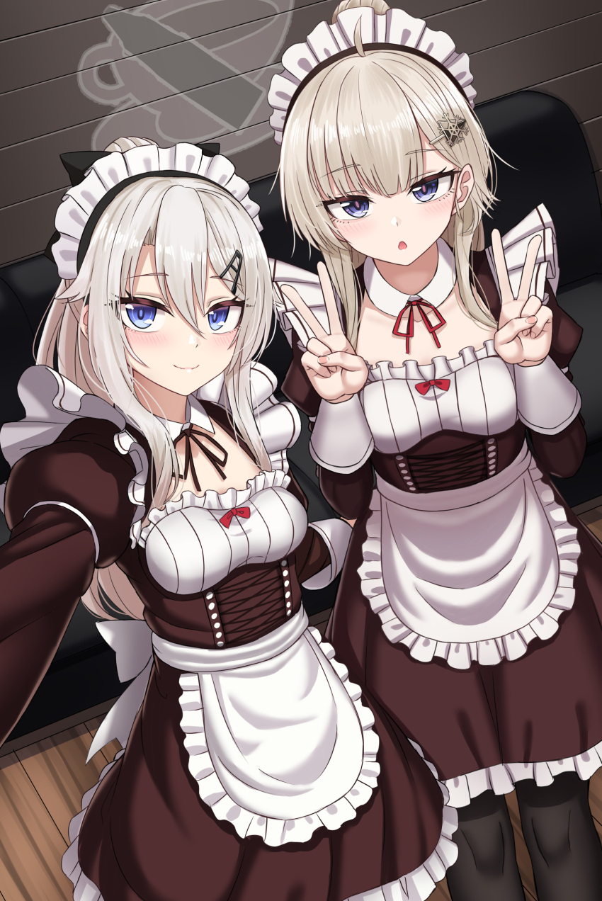 2girls 9a-91_(girls'_frontline) absurdres ahoge ak74m_(girls'_frontline) apron black_legwear blue_eyes blush breasts closed_mouth double_v dress eyebrows_visible_through_hair girls_frontline hair_between_eyes hair_ornament hairclip highres juliet_sleeves long_hair long_sleeves looking_at_viewer maid maid_headdress multiple_girls open_mouth puffy_sleeves silver_hair smile snowflake_hair_ornament symbol-only_commentary v waist_apron white_apron yakob_labo