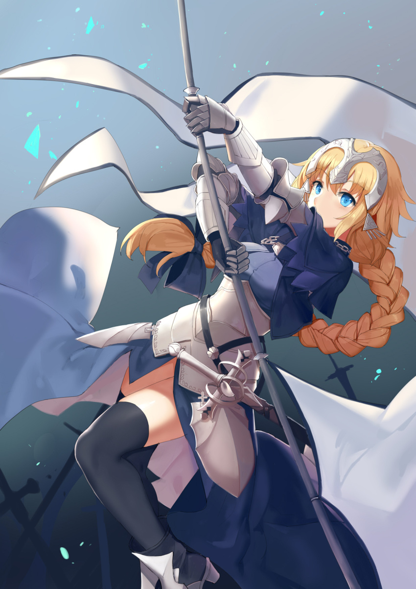 1girl armor armored_dress banner black_ribbon blonde_hair blue_eyes braid eyebrows_visible_through_hair fate/apocrypha fate/grand_order fate_(series) gauntlets highres jeanne_d'arc_(fate) jeanne_d'arc_(fate)_(all) long_hair low-tied_long_hair ponytail purple_legwear ribbon ruler_(fate/apocrypha) sheath sheathed single_braid smile solo standing sword thigh-highs very_long_hair weapon y2zi