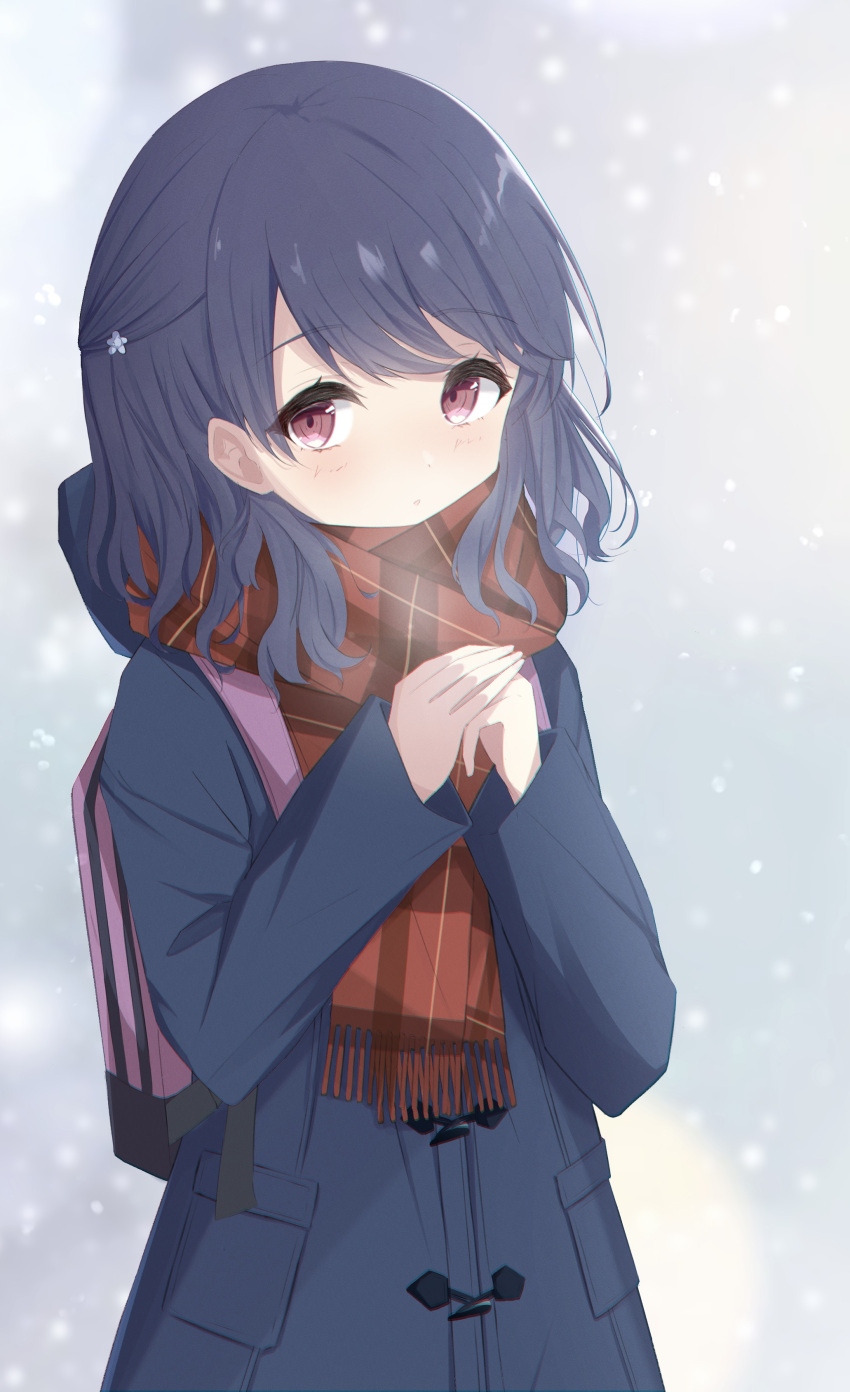 1girl absurdres backpack bag black_hair black_jacket commentary_request flower fukumaru_koito hair_down hair_flower hair_ornament highres idolmaster idolmaster_shiny_colors jacket long_hair long_sleeves looking_at_viewer plaid plaid_scarf red_scarf scarf sham_nek0 snowing solo violet_eyes