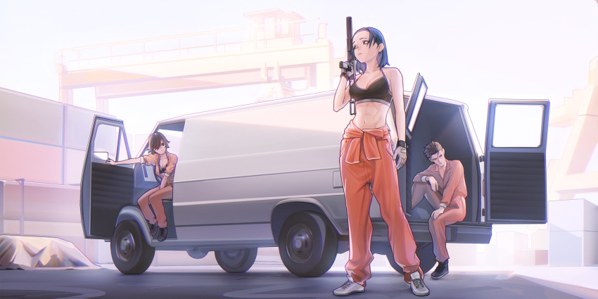 1boy 2girls absurdres black_bra black_footwear black_hair bra brown_hair grey_footwear ground_vehicle gun highres holding holding_gun holding_weapon mark_simonov motor_vehicle multiple_girls orange_pants orange_shirt original pants shadow shirt shoes sitting standing underwear van weapon wide_shot