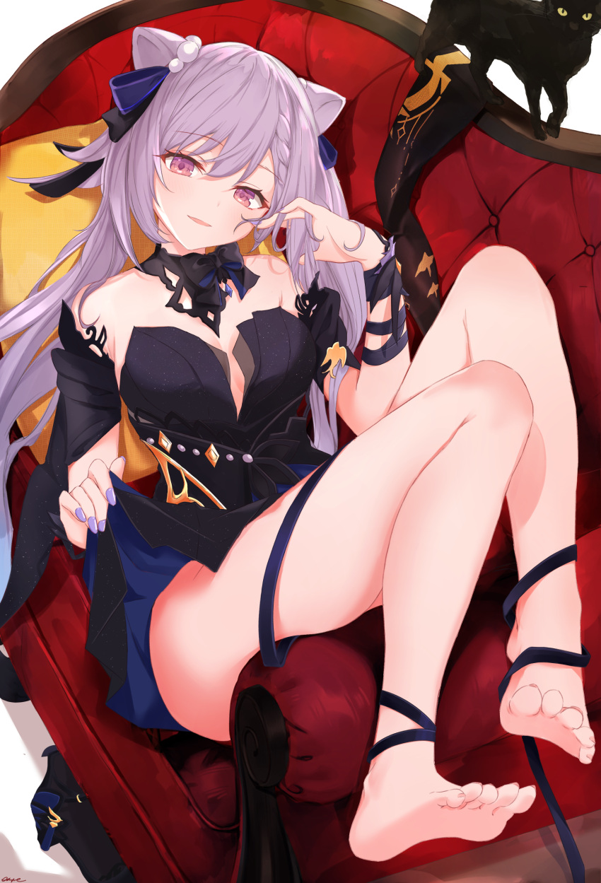 1girl bangs bare_legs bare_shoulders barefoot black_cat black_dress blue_dress braid cat clothes_lift couch double_bun dress eyebrows_visible_through_hair feet foreshortening genshin_impact hair_bun hair_cones hair_ears hand_in_hair highres keqing_(genshin_impact) keqing_(opulent_splendor)_(genshin_impact) long_hair looking_at_viewer lying multicolored_clothes multicolored_dress official_alternate_costume official_alternate_hairstyle on_back pantyhose pantyhose_removed parted_lips pillow purple_hair shoes shoes_removed skirt skirt_lift soles toes two-tone_dress vayneeeee violet_eyes