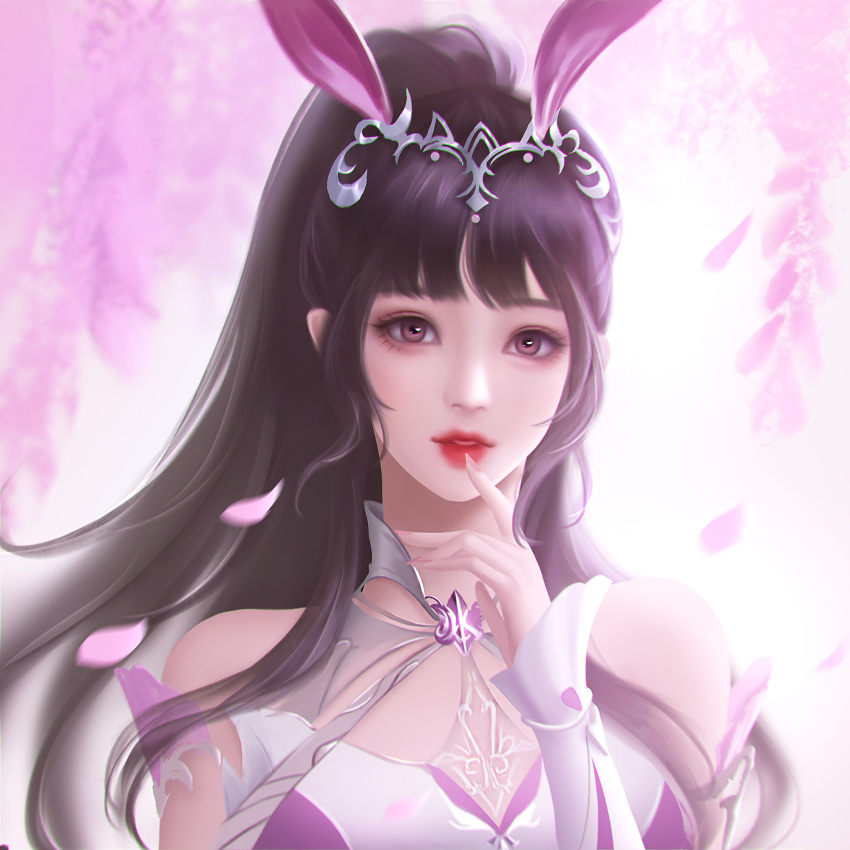 1girl animal_ears bai_yao_you_lian_zhuye brown_hair cherry_blossoms douluo_dalu dress finger_to_mouth hair_ornament highres looking_at_viewer pink_dress ponytail rabbit_ears weibo_id white_background xiao_wu_(douluo_dalu)