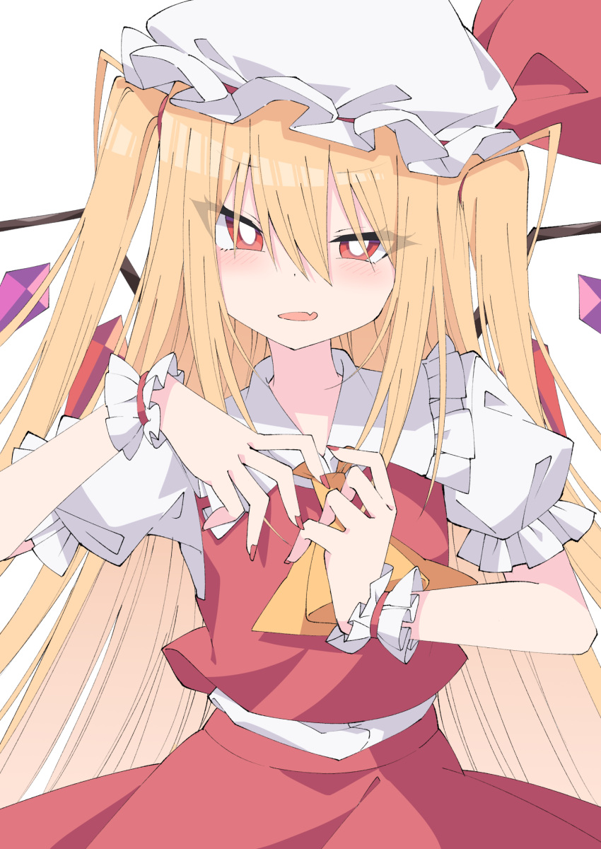 1girl alternate_hair_length alternate_hairstyle arms_up ascot bangs blonde_hair blush breasts bright_pupils buttons commentary_request crystal eyebrows_visible_through_hair fang fingernails flandre_scarlet frilled_shirt_collar frilled_skirt frills hair_between_eyes hat hat_ribbon highres knees long_hair looking_at_viewer mob_cap one_side_up open_mouth puffy_short_sleeves puffy_sleeves red_ribbon red_skirt red_vest ribbon shirt short_sleeves side_ponytail sidelocks simple_background skin_fang skirt smile solo standing touhou tsukimirin vest white_background white_pupils white_shirt wings wrist_cuffs yellow_ascot