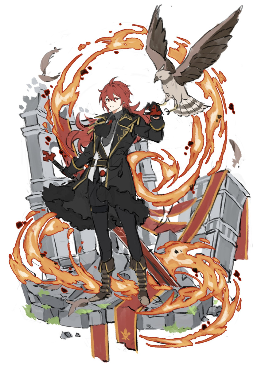 1boy bangs belt bird black_coat black_pants boots brown_footwear closed_mouth coat diluc_(genshin_impact) feathers fire genshin_impact gloves grey_shirt hair_between_eyes highres holding holding_sword holding_weapon long_hair long_sleeves male_focus pants papajay_(jennygin2) ponytail red_eyes redhead shirt simple_background solo standing sword symbol-only_commentary weapon white_background