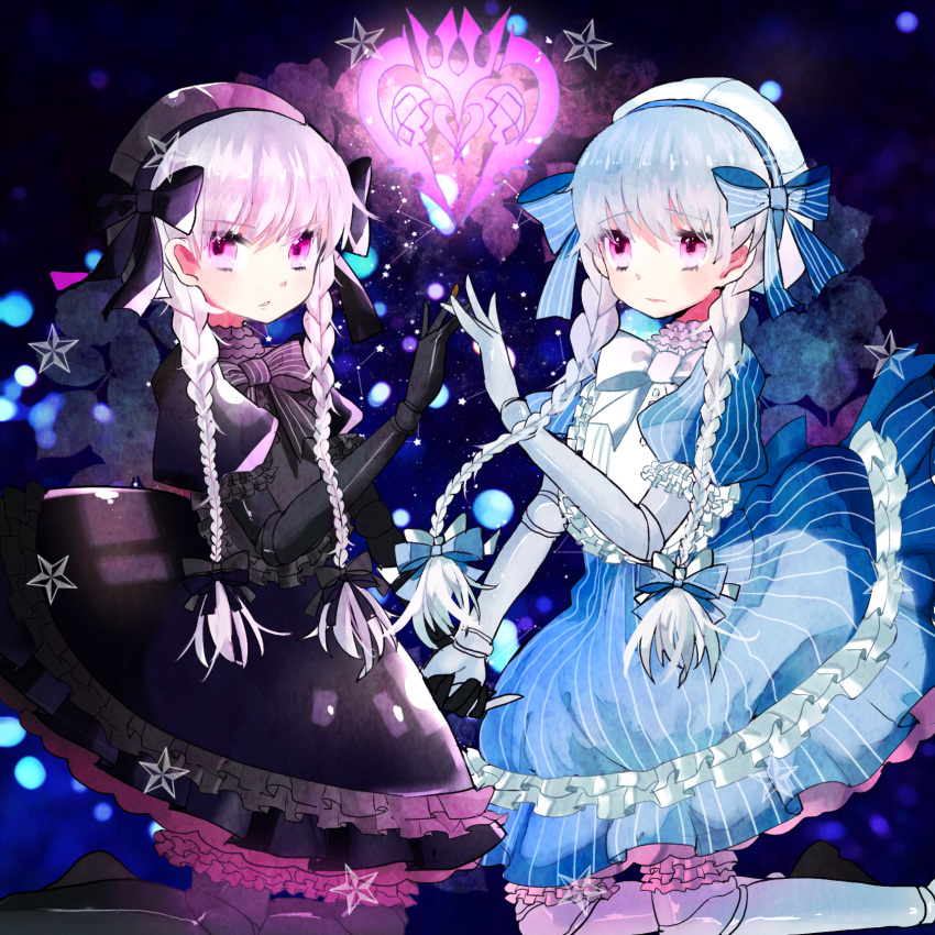 2girls alice_(fate/extra) black_bow black_dress black_gloves black_headwear blue_bow blue_dress bow bowtie bug butterfly closed_mouth doll_joints dress fate/extra fate/grand_order fate_(series) food_print frilled_dress frills gloves hat hat_bow insect long_hair looking_at_viewer multiple_girls mushroom_print nursery_rhyme_(fate/extra) open_mouth print_dress purple_bow purple_eyes riwww smile twins white_bow white_gloves white_hair white_headwear