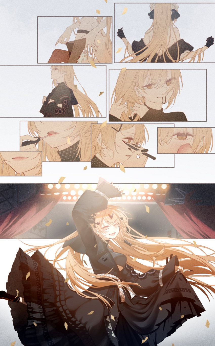 1girl applying_makeup black_nails breasts commission cosplay dancing dressing fingernails girls_frontline highres light_brown_eyes long_fingernails long_hair medium_breasts nyto_(girls'_frontline) nyto_mercurows_(girls'_frontline) nyto_mercurows_(girls'_frontline)_(cosplay) open_mouth ppk_(girls'_frontline) rabb_horn skeb_commission smile solo stage stage_lights undressing very_long_hair