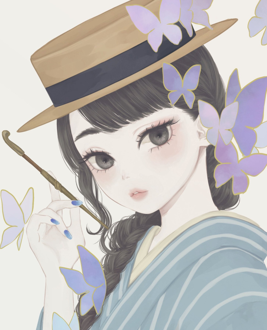 1girl bangs black_ribbon blue_kimono blue_nails boater_hat braid brown_eyes brown_hair brown_headwear bug butterfly commentary_request cropped hair_over_shoulder hat hat_ribbon highres holding holding_pipe japanese_clothes kimono kiseru long_hair looking_at_viewer nail_polish original parted_lips pipe purple_butterfly ribbon solo striped striped_kimono upper_body ushiyama_ame vertical-striped_kimono vertical_stripes white_background