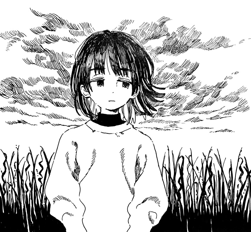 1girl absurdres closed_mouth clouds cloudy_sky commentary_request expressionless greyscale highres long_sleeves monochrome muji_(uimss) original outdoors plant short_hair sky solo sweater turtleneck turtleneck_sweater upper_body