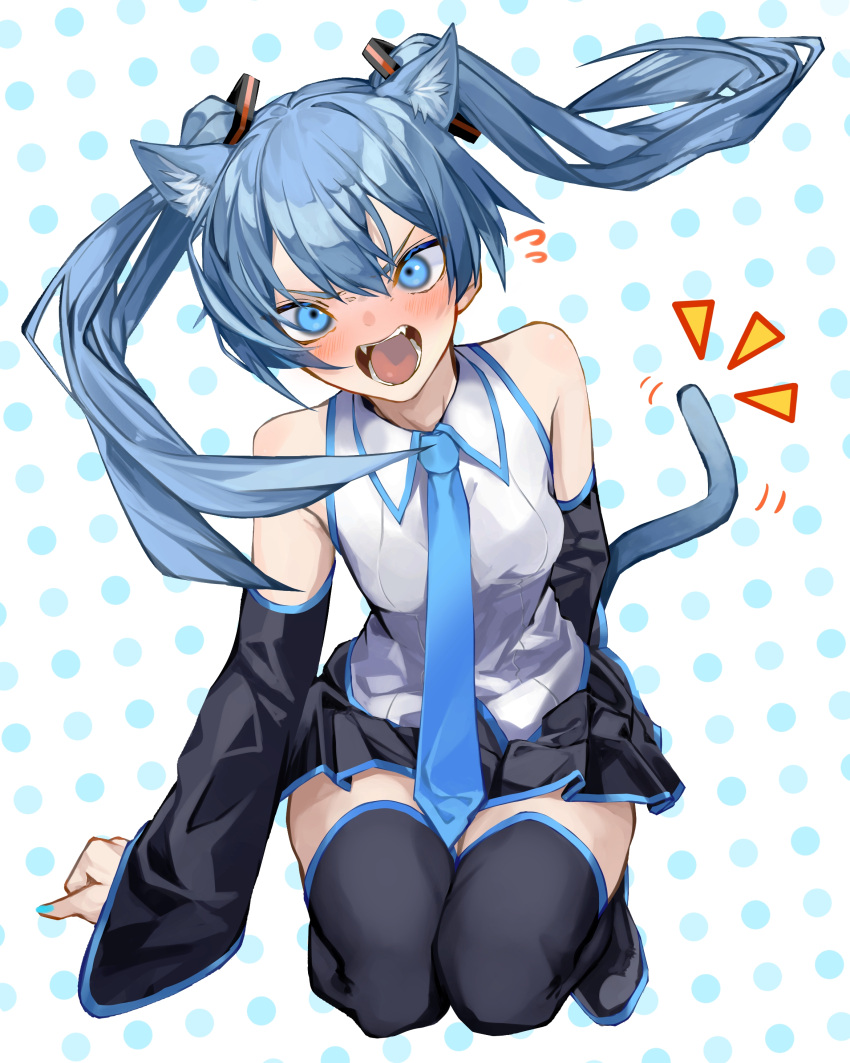1girl absurdres animal_ear_fluff animal_ears bangs bare_shoulders black_legwear blue_eyes blue_hair blue_nails blue_necktie blush boots breasts cat_ears cat_tail collared_shirt commentary detached_sleeves embarrassed fangs furrowed_brow gozenjuziame hair_between_eyes hair_ornament hatsune_miku highres long_hair looking_at_viewer making-of_available nail_polish necktie open_mouth pleated_skirt polka_dot polka_dot_background shirt simple_background skirt sleeveless solo tail thigh-highs thigh_boots twintails v-shaped_eyebrows vocaloid zettai_ryouiki