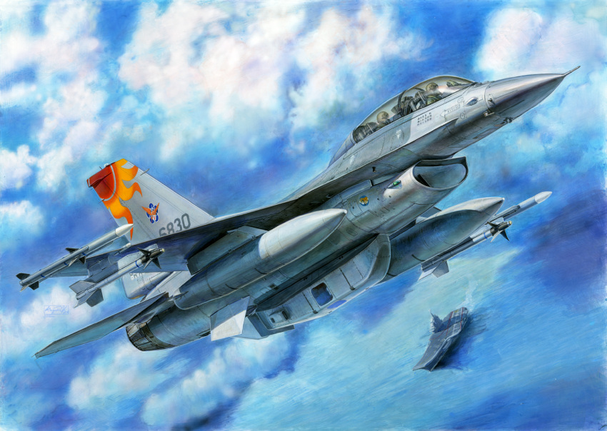 aim-9_sidewinder aircraft aircraft_carrier airplane box_art canopy_(aircraft) clouds cloudy_sky commentary_request f-16_fighting_falcon fighter_jet jet koizumi_kazuaki_production looking_to_the_side military military_vehicle missile ocean original pilot pilot_helmet pilot_suit ship signature sky vehicle_focus warship watercraft weapon