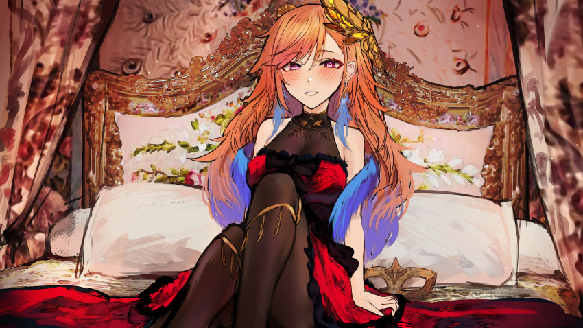 1girl absurdres bangs bed blue_hair blush breasts brown_hair canopy_bed earrings feather_earrings feathers gradient_hair highres hololive hololive_english jewelry legs_together long_hair looking_at_viewer mask mask_removed medium_breasts multicolored_hair naokomama on_bed open_mouth orange_hair pantyhose pillow sitting sitting_on_bed smile solo takanashi_kiara thighs violet_eyes virtual_youtuber