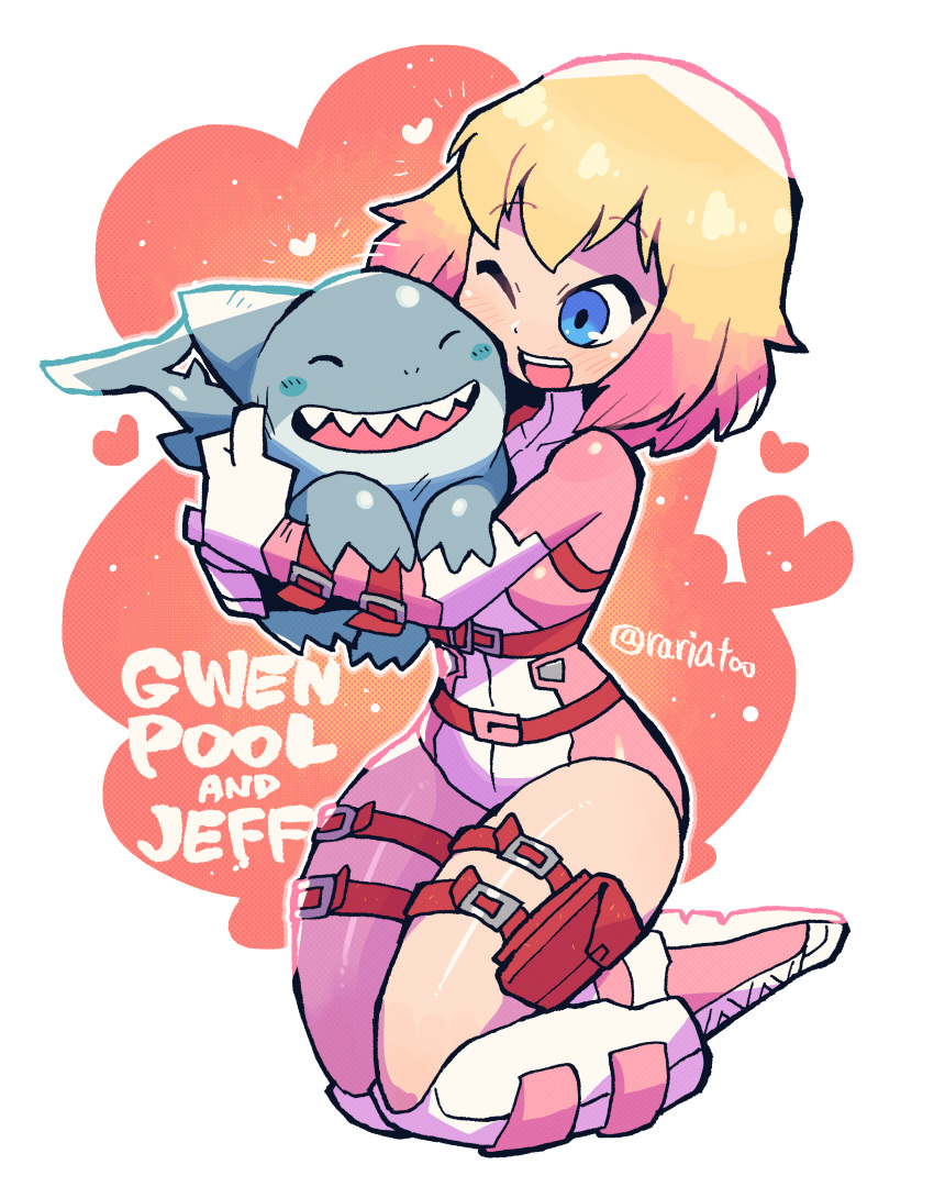 1girl :d absurdres belt_pouch blonde_hair blue_eyes blush bodysuit boots character_name character_request gloves gradient_hair gwen_poole gwenpool highres jeff_(marvel) kneeling marvel multicolored_hair one_eye_closed open_mouth pink_bodysuit pink_hair pouch rariatto_(ganguri) shark smile thigh_strap twitter_username white_footwear white_gloves