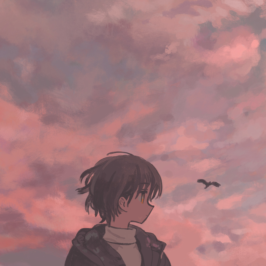 1girl bird brown_hair brown_jacket closed_mouth clouds cloudy_sky commentary dusk highres jacket looking_to_the_side muji_(uimss) muji_(uimss) original outdoors profile short_hair sky solo sunset sweater turtleneck turtleneck_sweater upper_body white_sweater