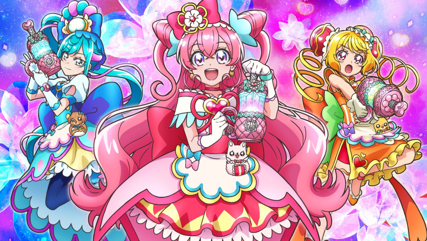 3girls :d ankle_bow apron arm_up artist_request back_bow blonde_hair blue_bow blue_eyes blue_gloves blue_hair boots bow brooch bun_cover choker closed_mouth confetti cure_precious cure_spicy cure_yum-yum delicious_party_precure double_bun drill_hair flower fuwa_kokone gloves grey_hair hair_bow hair_cones hair_flower hair_ornament hair_rings hanamichi_ran hand_on_hip hat highres holding holding_wand huge_bow jewelry key_visual knee_boots kneehighs kome-kome_(precure) legs_apart long_hair looking_at_viewer magical_girl men-men_(precure) multicolored_clothes multicolored_skirt multiple_girls nagomi_yui official_art open_mouth outstretched_hand pamu-pamu_(precure) pink_bow pink_choker pink_hair precure purple_bow red_eyes red_legwear ribbon shiny shiny_hair skirt smile standing striped twin_drills vertical_stripes violet_eyes wand white_apron white_footwear white_gloves