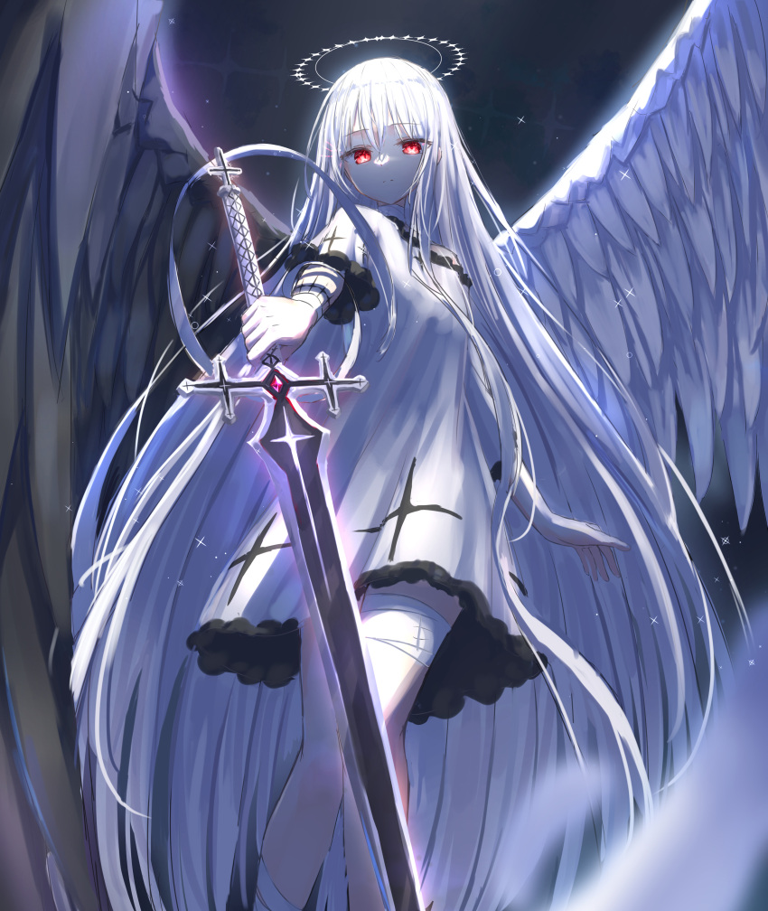 1girl absurdly_long_hair absurdres albino angel angel_wings bandaged_leg bandaged_neck bandages bangs bare_shoulders closed_mouth commentary double_halo dress eyebrows_visible_through_hair feathered_wings feathers halo highres holding holding_sword holding_weapon long_hair looking_at_viewer looking_down original outstretched_arm red_eyes shaded_face solo space sword tokano_56 very_long_hair weapon white_dress white_hair white_wings wings