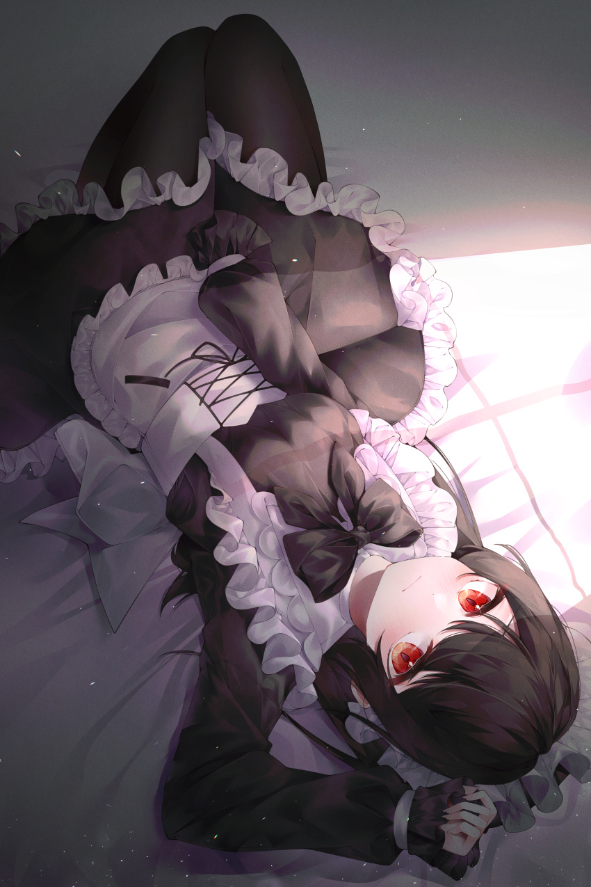 1girl :| absurdres apron back_bow bangs black_bow black_hair black_legwear bow bowtie breasts closed_mouth commentary frilled_apron frills from_above highres hyunnim01 legs_together light_blush long_hair looking_at_viewer looking_up lying maid maid_apron maid_headdress medium_breasts on_back original pantyhose perspective red_eyes sunlight swept_bangs thick_eyebrows underbust white_bow