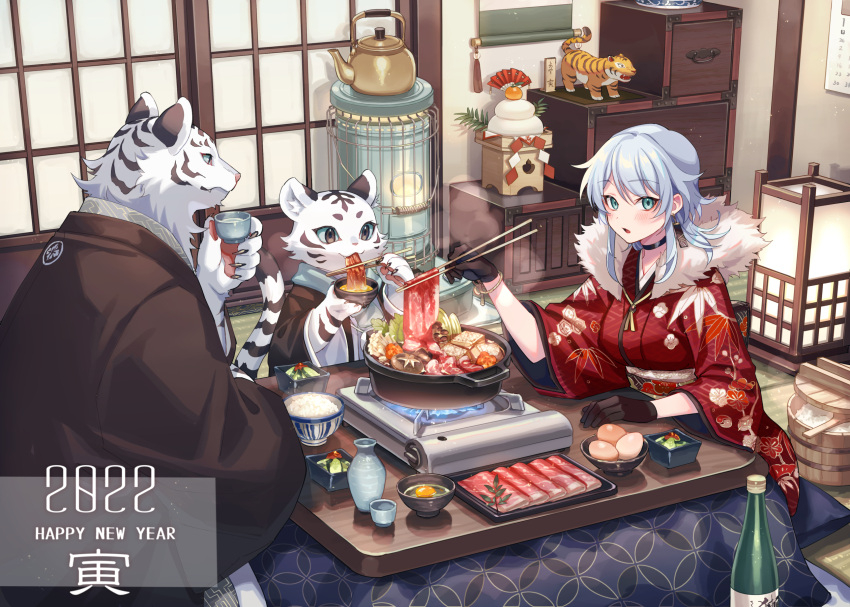 1girl 2022 :3 :o aqua_eyes bangle bangs black_gloves blue_hair blush bottle bracelet breasts choker chopsticks commentary cooking earrings eating egg eyebrows_visible_through_hair food food_focus fur-trimmed_kimono fur_trim furry furry_female furry_male gloves happy_new_year highres indoors japanese_clothes jewelry kimono kotatsu medium_breasts medium_hair nengajou new_year obon original parted_lips sake_bottle sidelocks sitting sukiyaki swept_bangs table tiger zoff_(daria)