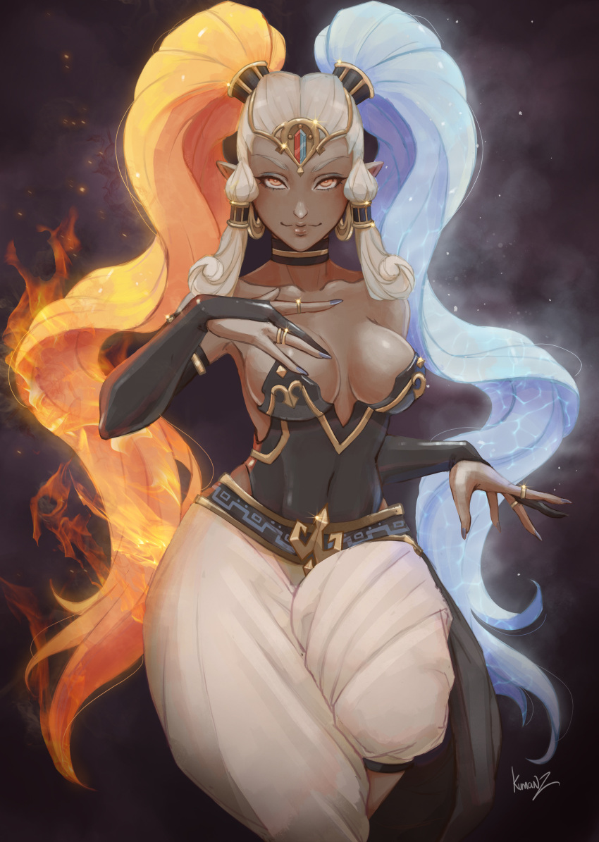 1girl absurdres baggy_pants bare_shoulders blue_fire breasts bridal_gauntlets choker closed_mouth collarbone covered_navel dark_skin earrings embers fiery_hair fire gerudo grey_hair hand_up highres ice jewelry kumanz leotard lips long_hair looking_at_viewer mature_female medium_breasts multicolored_hair orange_hair pants pointy_ears ring sidelocks smile solo strapless strapless_leotard the_legend_of_zelda the_legend_of_zelda:_ocarina_of_time tiara twinrova very_long_hair