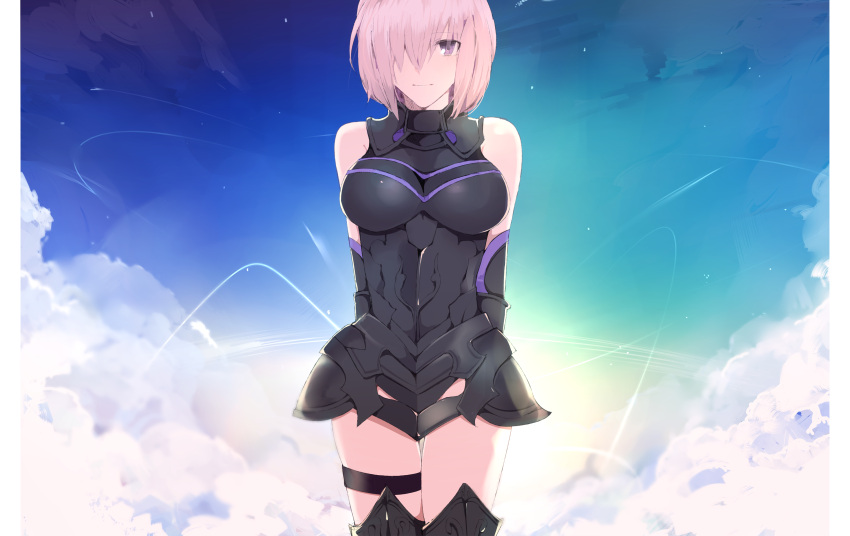 1girl armor bare_shoulders black_armor black_gloves breastplate closed_mouth clouds cloudy_sky commentary_request elbow_gloves erbkara eyebrows_visible_through_hair eyes_visible_through_hair fate/grand_order fate_(series) gloves grass hair_over_one_eye highres holding holding_shield holding_weapon light_purple_hair looking_at_viewer mash_kyrielight mountain out_of_frame outdoors pov purple_gloves shield shielder_(fate/grand_order) short_hair two-tone_gloves violet_eyes weapon