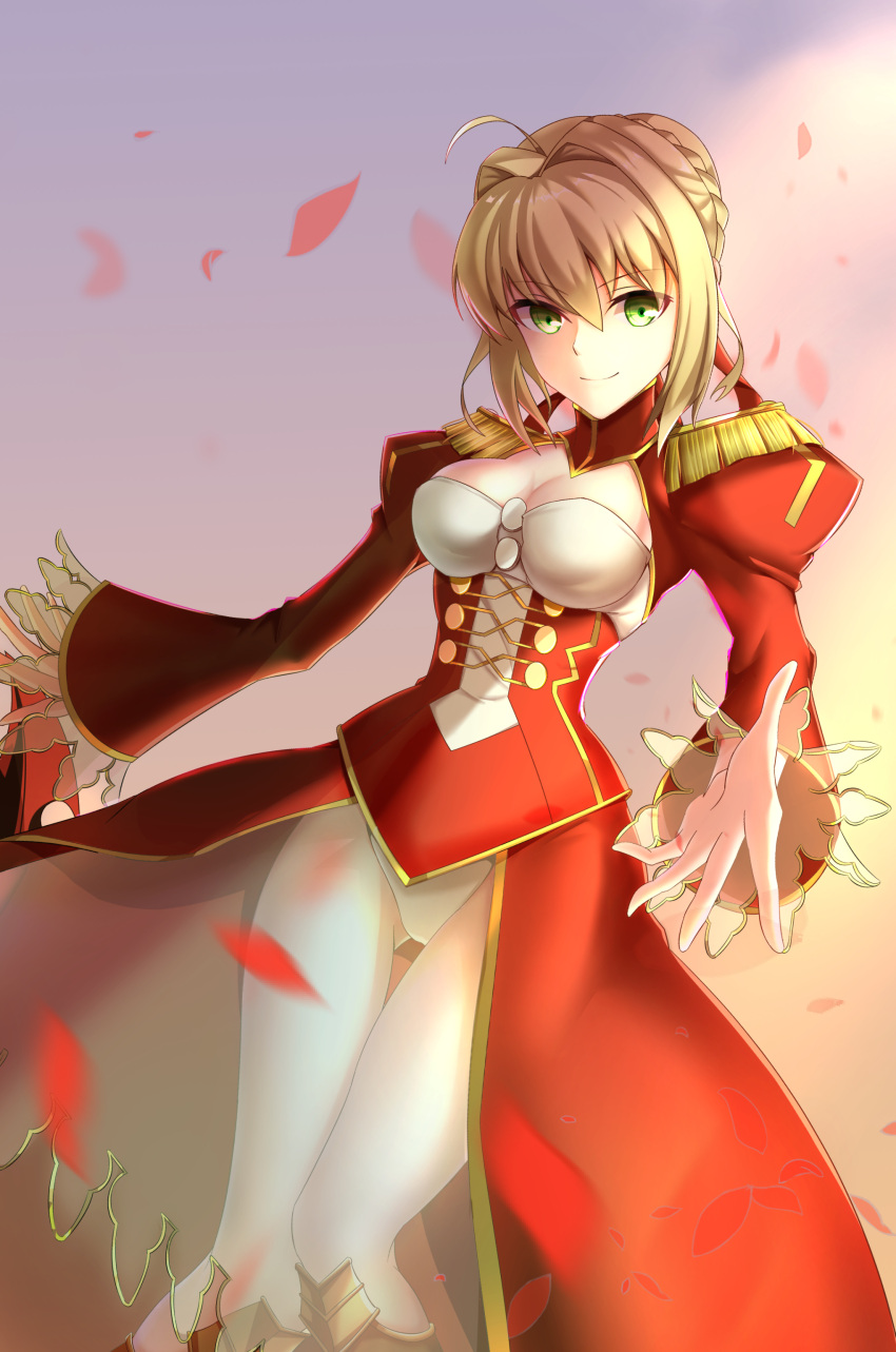 1girl aestus_estus ahoge blonde_hair braid breasts cleavage commentary_request dress epaulettes fate/extra fate/grand_order fate_(series) french_braid green_eyes hair_intakes hair_ribbon juliet_sleeves lanceralter1 large_breasts long_sleeves nero_claudius_(fate) nero_claudius_(fate)_(all) puffy_sleeves red_dress red_ribbon ribbon saber_extra see-through solo sword weapon wide_sleeves