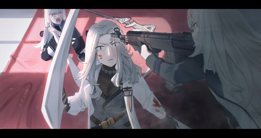 3girls ak-15_(girls'_frontline) an-94 an-94_(girls'_frontline) assault_rifle black_gloves blood blood_on_clothes blood_on_face brown_eyes defy_(girls'_frontline) girls_frontline gloves green_eyes grey_hair gun hexahedron highres holding holding_gun holding_weapon labcoat lady_grey_(girls'_frontline) multiple_girls rifle spoilers violet_eyes weapon white_hair