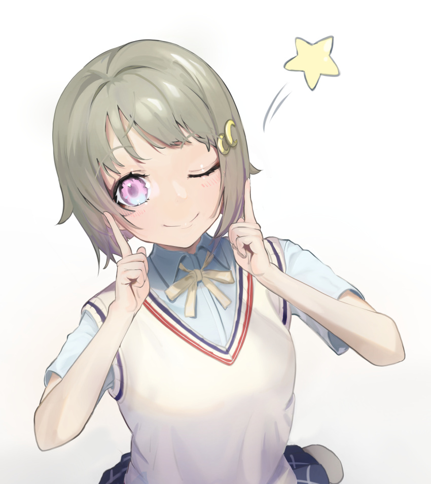 1girl absurdres blue_shirt blush brown_hair closed_mouth collared_shirt commentary_request crescent crescent_hair_ornament daiiichukiii hair_ornament hands_up highres index_finger_raised looking_at_viewer love_live! love_live!_nijigasaki_high_school_idol_club nakasu_kasumi neck_ribbon one_eye_closed pink_eyes pleated_skirt ribbon shirt short_hair short_sleeves simple_background skirt smile solo star_(symbol) sweater_vest upper_body white_background white_ribbon white_sweater_vest