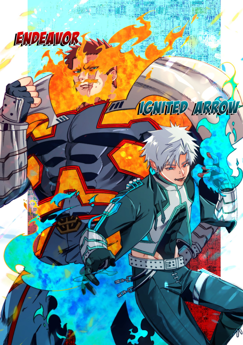 2boys abs absurdres age_difference alternate_costume alternate_universe beard belt blue_eyes blue_fire bodysuit bodysuit_under_clothes boku_no_hero_academia border burn_scar capsule collared_jacket costume cowboy_shot dermal_piercing earrings endeavor_(boku_no_hero_academia) eyebrow_piercing facial_hair father_and_son fighting_stance fingerless_gloves fire gloves highleg highres hip_bones hip_vent holster jewelry lip_piercing looking_at_viewer male_focus mature_male multiple_boys muscular muscular_male mustache nose_piercing outside_border pectorals piercing pillarboxed redhead scar scar_across_eye scar_on_cheek scar_on_face scar_on_mouth short_hair sigma778 skin_tight spiky_hair spoilers stud_earrings superhero thick_thighs thigh_holster thighs todoroki_touya two-tone_background very_short_hair white_border white_hair
