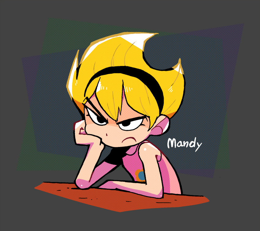 1girl bare_shoulders black_eyes black_hairband blonde_hair closed_mouth english_commentary hairband halftone head_rest highres jaggy_line mandy_(grim_adventures) rariatto_(ganguri) solo the_grim_adventures_of_billy_&amp;_mandy upper_body v-shaped_eyebrows