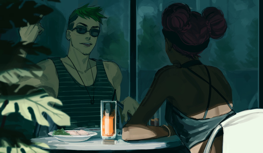 1boy 1girl 2gou absurdres apex_legends breasts collarbone crop_top cup double_bun facial_hair food green_hair grey_tank_top hair_behind_ear highres lifeline_(apex_legends) middle_finger octane_(apex_legends) parted_lips pectoral_cleavage pectorals plate redhead shadow small_breasts smile stubble sunglasses tank_top undercut