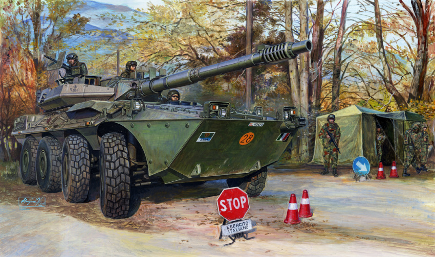 6+boys armored_fighting_vehicle armored_vehicle b1_centauro box_art camouflage cannon commentary_request goggles goggles_on_headwear ground_vehicle gun headlight helmet italian_flag koizumi_kazuaki_production looking_to_the_side machine_gun military military_uniform military_vehicle multiple_boys original road_sign sign signature stop_sign tent tire traffic_cone tree uniform vehicle_focus weapon wheel