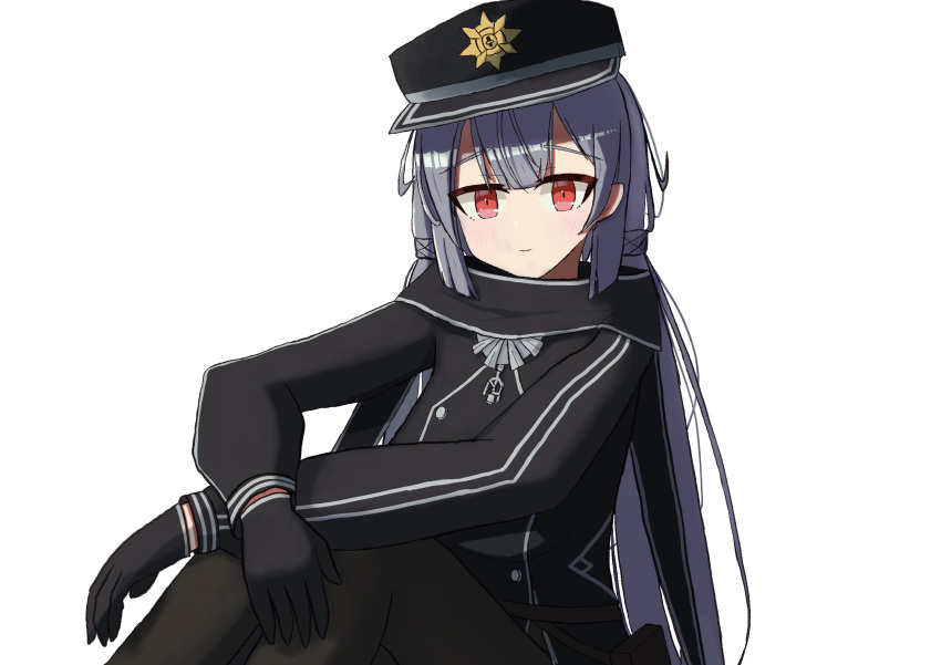 1girl absurdres bangs black_cape black_headwear black_jacket black_scarf blush boots cape closed_mouth crossed_legs duel_monster eincomposer eyebrows_visible_through_hair glowing grey_hair hair_between_eyes hat highres jacket long_hair looking_at_viewer low_twintails peaked_cap pelt red_eyes scarf silver_hair sky_striker_ace_-_roze solo twintails two-tone_background two-tone_dress upper_body white_background yu-gi-oh! yuu-gi-ou