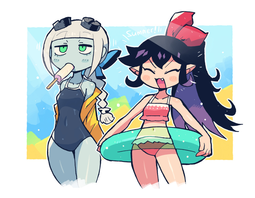 2girls :3 :d absurdres bangs bare_arms bare_shoulders bikini black_hair black_swimsuit blunt_bangs blush_stickers border bow bow_hairband closed_eyes colored_inner_hair colored_skin contrapposto covered_navel cowboy_shot flora_(rariatto) food grey_hair grey_skin hair_bow hairband highres innertube jacket jacket_removed long_hair mouth_hold multicolored_hair multiple_girls navel one-piece_swimsuit original pink_bikini ponytail popsicle purple_hair rariatto_(ganguri) red_bow red_hairband screw_in_head smile standing summer swimsuit white_border zakuro_(rariatto)