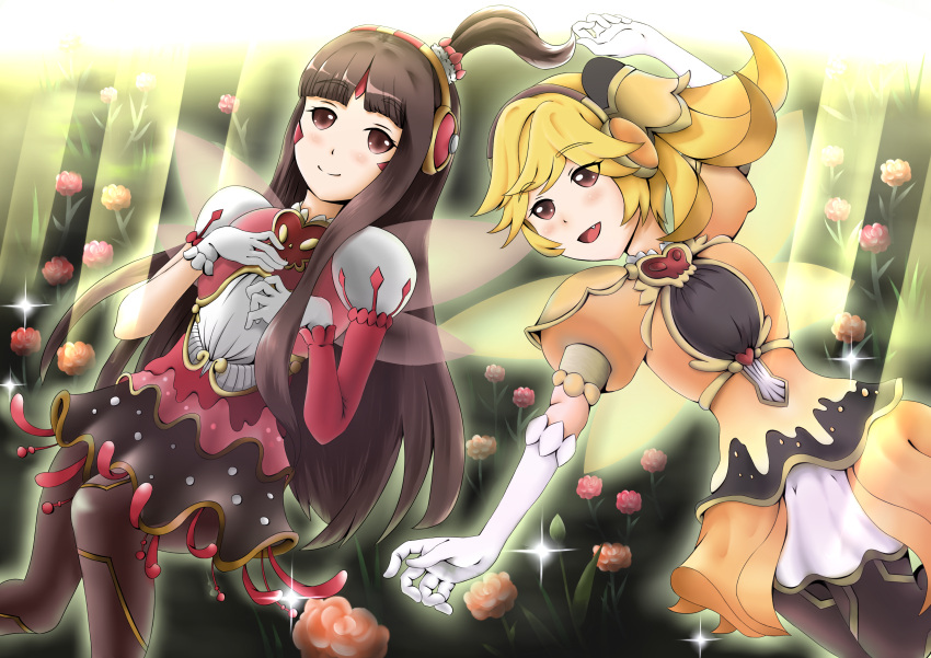 2girls blonde_hair breasts cleavage cleavage_cutout dress duel_monster elbow_gloves facial_mark gloves hair_ornament heart heart_print highres long_hair looking_at_viewer puffy_short_sleeves puffy_sleeves red_dress shinggift single_sleeve smile solo trickstar_candina trickstar_lycoris upper_body very_long_hair white_gloves wings yellow_dress yu-gi-oh! yu-gi-oh!_vrains yuu-gi-ou yuu-gi-ou_vrains
