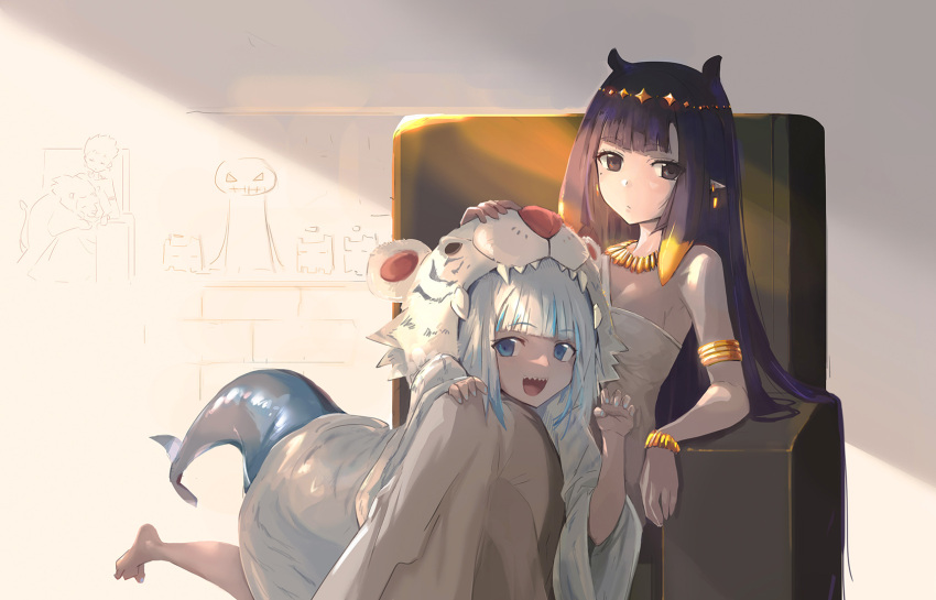 2girls :d animal_ears animal_hood armlet bangs black_eyes blue_eyes blue_hair blue_nails blush bracelet circlet claw_pose closed_mouth dress earrings eyebrows_visible_through_hair fish_tail gawr_gura hand_on_another's_head hand_on_another's_knee highres hololive hololive_english hood jewelry long_hair long_sleeves looking_at_viewer mole mole_under_eye multicolored_hair multiple_girls nail_polish ninomae_ina'nis pointy_ears purple_hair shark_tail sharp_teeth silver_hair sitting smile strapless strapless_dress streaked_hair tail tallgeese_(lgeesel) teeth tiger_hood virtual_youtuber white_dress