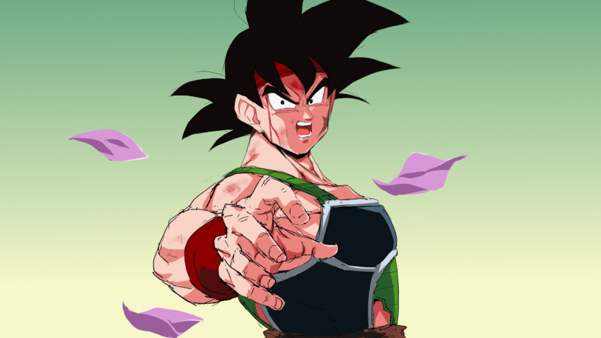 1boy bardock battle_damage black_eyes black_hair blood blood_on_face dragon_ball dragon_ball_z headband looking_at_viewer male_focus open_mouth reaching_out red_headband rom_(20) saiyan_armor scar scar_on_cheek scar_on_face solo torn_clothes upper_body