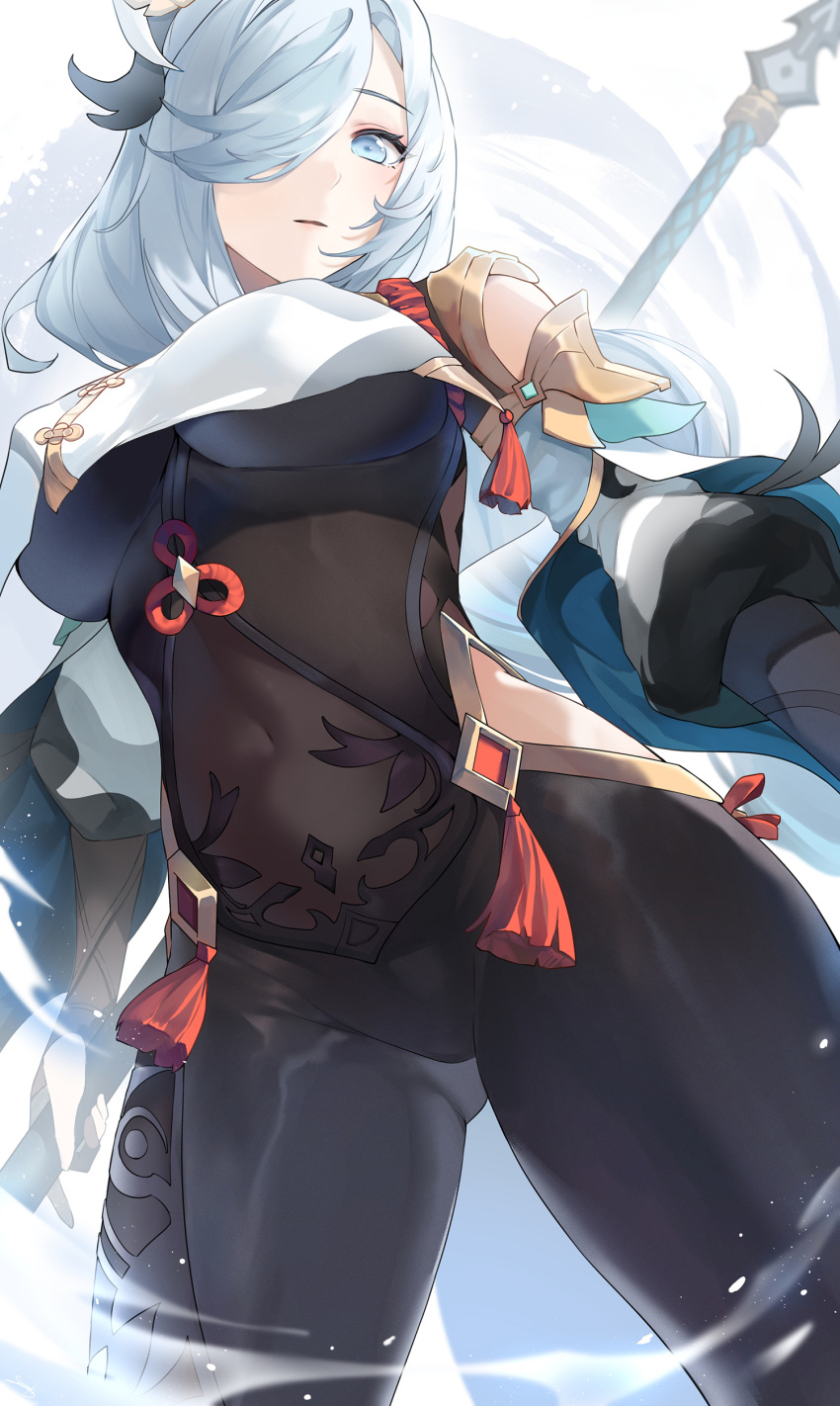 1girl absurdres ass_visible_through_thighs black_bodysuit blue_eyes bodysuit breast_curtain breasts clothing_cutout covered_navel cowboy_shot from_below genshin_impact gold_trim hair_ornament hair_over_one_eye highres hip_vent holding holding_polearm holding_weapon large_breasts long_hair long_sleeves looking_at_viewer looking_down parted_lips polearm shenhe_(genshin_impact) shoulder_cutout snozaki solo standing tassel weapon white_hair
