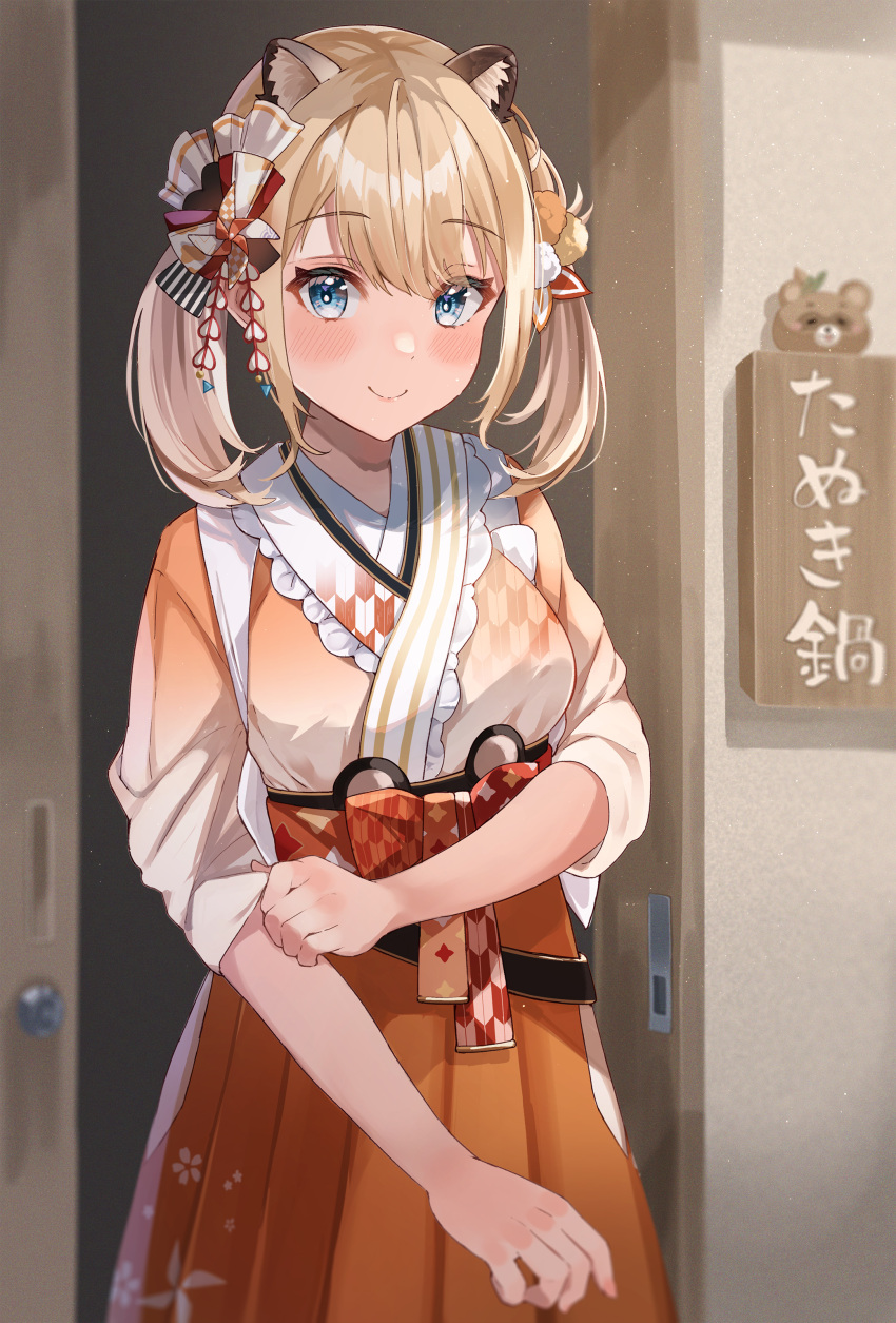 1girl absurdres animal_ear_fluff animal_ears bangs blue_eyes blush breasts brown_hair brown_hakama brown_kimono closed_mouth commentary_request eyebrows_visible_through_hair hakama hakama_skirt haru_yu highres hololive indoors japanese_clothes kazama_iroha kimono long_sleeves looking_at_viewer medium_breasts skirt smile solo twintails virtual_youtuber