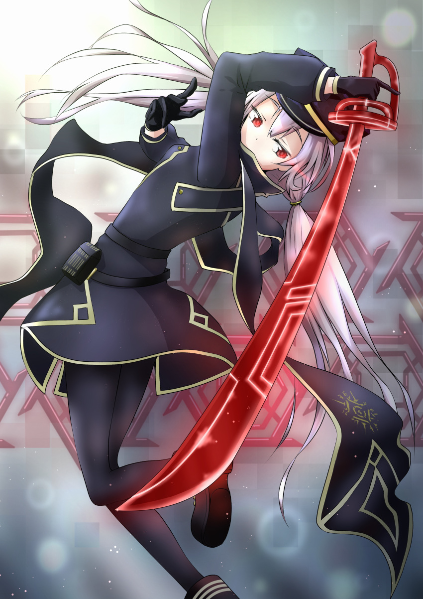 1girl absurdres bangs black_cape black_headwear black_jacket black_scarf blush boots cape closed_mouth crossed_legs duel_monster eyebrows_visible_through_hair glowing grey_hair hair_between_eyes hat highres jacket long_hair looking_at_viewer low_twintails peaked_cap pelt red_eyes scarf silver_hair sky_striker_ace_-_roze solo teruteru_comic twintails two-tone_background two-tone_dress upper_body white_background yu-gi-oh! yuu-gi-ou
