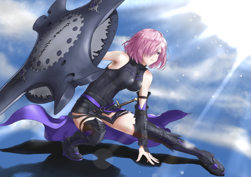 1girl armor bare_shoulders black_armor black_gloves breastplate closed_mouth clouds cloudy_sky commentary_request elbow_gloves eyebrows_visible_through_hair eyes_visible_through_hair fate/grand_order fate_(series) gloves grass hair_over_one_eye highres holding holding_shield holding_weapon light_purple_hair looking_at_viewer mash_kyrielight mountain out_of_frame outdoors pov purple_eyes purple_gloves shield shielder_(fate/grand_order) short_hair tim86231 two-tone_gloves weapon