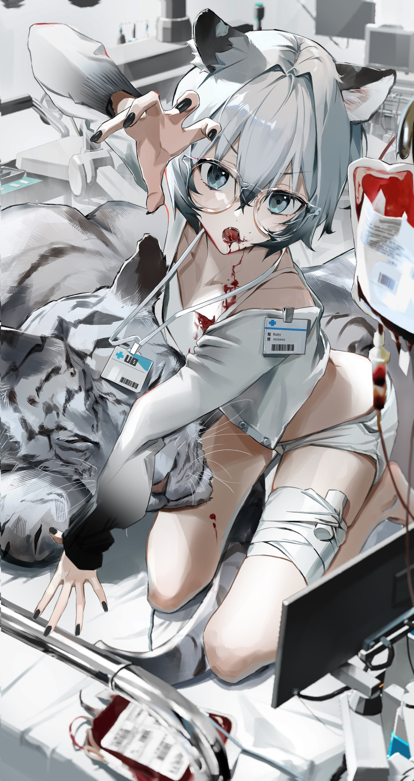 1girl absurdres animal_ears bandaged_leg bandages bangs black_nails blood blood_bag blood_from_mouth blurry blurry_background blurry_foreground commentary_request eyebrows_visible_through_hair fang fingernails full_body furry glasses grey_eyes grey_hair hair_between_eyes hair_intakes highres hospital id_card keki_chogyegi kneeling korean_commentary lanyard looking_at_viewer open_mouth original paw_pose short_hair spaghetti_strap tiger tiger_ears