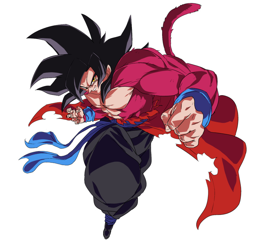 1boy black_hair black_pants blue_sash body_fur clenched_hand dragon_ball dragon_ball_heroes highres japanese_clothes kimono male_focus monkey_tail pants rom_(20) sash simple_background smirk solo son_goku son_goku_(xeno) super_saiyan super_saiyan_4 tail torn_clothes torn_kimono white_background yellow_eyes