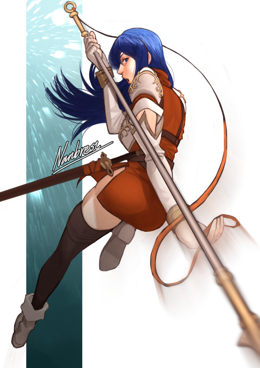 1girl :o action ass attack bangs black_legwear blue_eyes blue_hair caeda_(fire_emblem) dress fire_emblem fire_emblem:_mystery_of_the_emblem fire_emblem_heroes highres holding holding_weapon incoming_attack long_hair looking_at_viewer looking_back motion_blur nanbu_yasumi open_mouth pegasus_knight_uniform_(fire_emblem) polearm sheath sheathed short_dress side_slit signature solo spear speed_lines sword thigh-highs weapon zettai_ryouiki