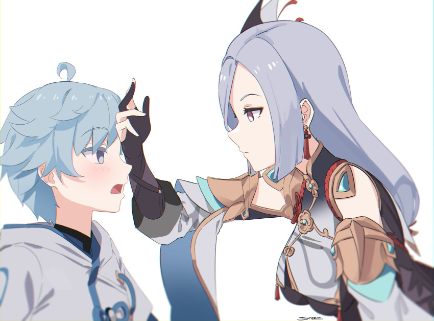 1boy 1girl ahoge aunt_and_nephew blue_hair bodysuit breast_curtain breasts chongyun_(genshin_impact) closed_mouth clothing_cutout earrings expressionless from_side genshin_impact gloves grey_hair hair_ornament hand_on_another's_head highres jewelry long_hair long_sleeves medium_breasts open_mouth partially_fingerless_gloves shenhe_(genshin_impact) shirt short_hair shoulder_cutout steeb upper_body white_shirt