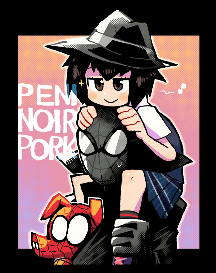 1boy 1girl black_bodysuit black_border black_hair black_headwear blue_skirt blue_vest blush_stickers bodysuit border brown_eyes carrying character_name fedora goggles halftone hat highres jitome marvel musical_note outline peni_parker pleated_skirt rariatto_(ganguri) school_uniform shirt short_sleeves shoulder_carry skirt smile spider-ham spider-man:_into_the_spider-verse spider-man_(series) spider-man_noir spoken_musical_note sweatdrop vest white_shirt