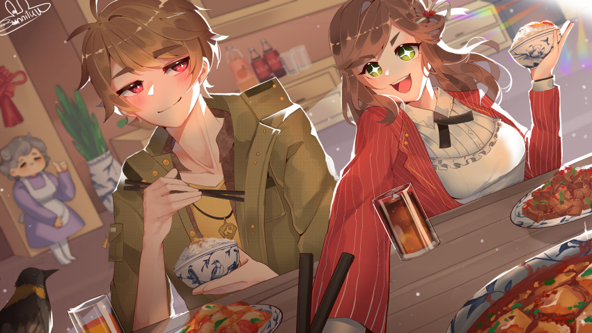 2girls :d apron bangs boots bowl brown_eyes brown_hair bunniluudraws chopsticks closed_eyes closed_mouth dress food full_body glass green_eyes green_jacket grey_hair highres holding holding_bowl holding_chopsticks iced_tea jacket jewelry key luke_pearce_(tears_of_themis) multiple_girls necklace old old_woman open_clothes open_jacket open_mouth purple_dress red_jacket restaurant rice rosa_(tears_of_themis) shirt smile tears_of_themis thumbs_up white_footwear white_shirt yellow_shirt